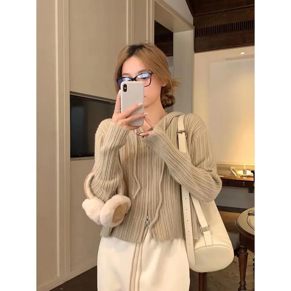 Otoño Invierno estilo coreano elegante doble cremallera cárdigan de punto con capucha mujer primavera y otoño Chaqueta suéter corto de gama alta