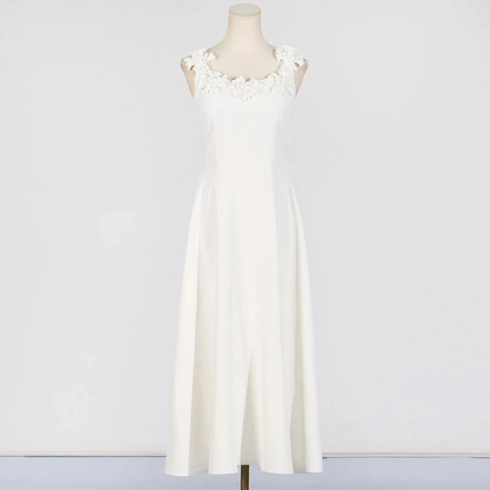 White Embroidery Strap A-Line Maxi Dress Backless Sleeveless Gown Daily Casual Outing Holiday Beach Party Evening Long Dresses