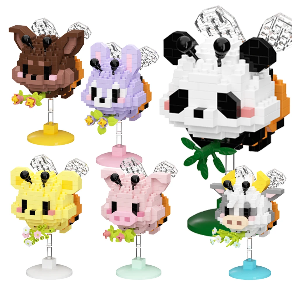 HUIQIBAO MOC Cute Animal Model Micro Building Block Panda Rabbit Bee Mini Diamond Model Brick Toy for Children Desk Decor.