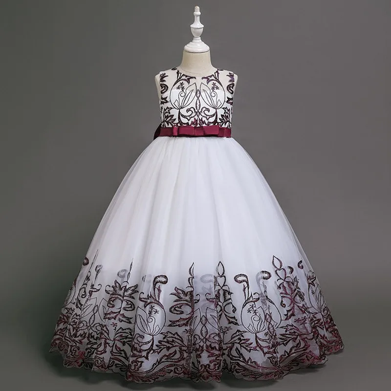 Teenager Girls Embroidered Flowers Princess Party Long Dress Children Kids Elegant Christmas Wedding Vestido Clothing