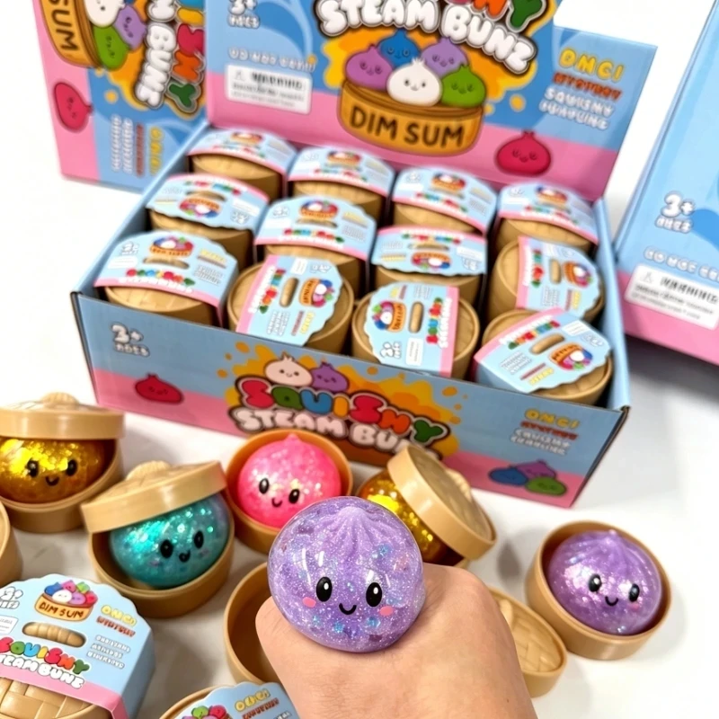 Realistic Mini Dumpling Squeeze Toy with Bamboo Steamer Soft TPR Dough Ball Decompression Fidget Toy Creative Funny Gift