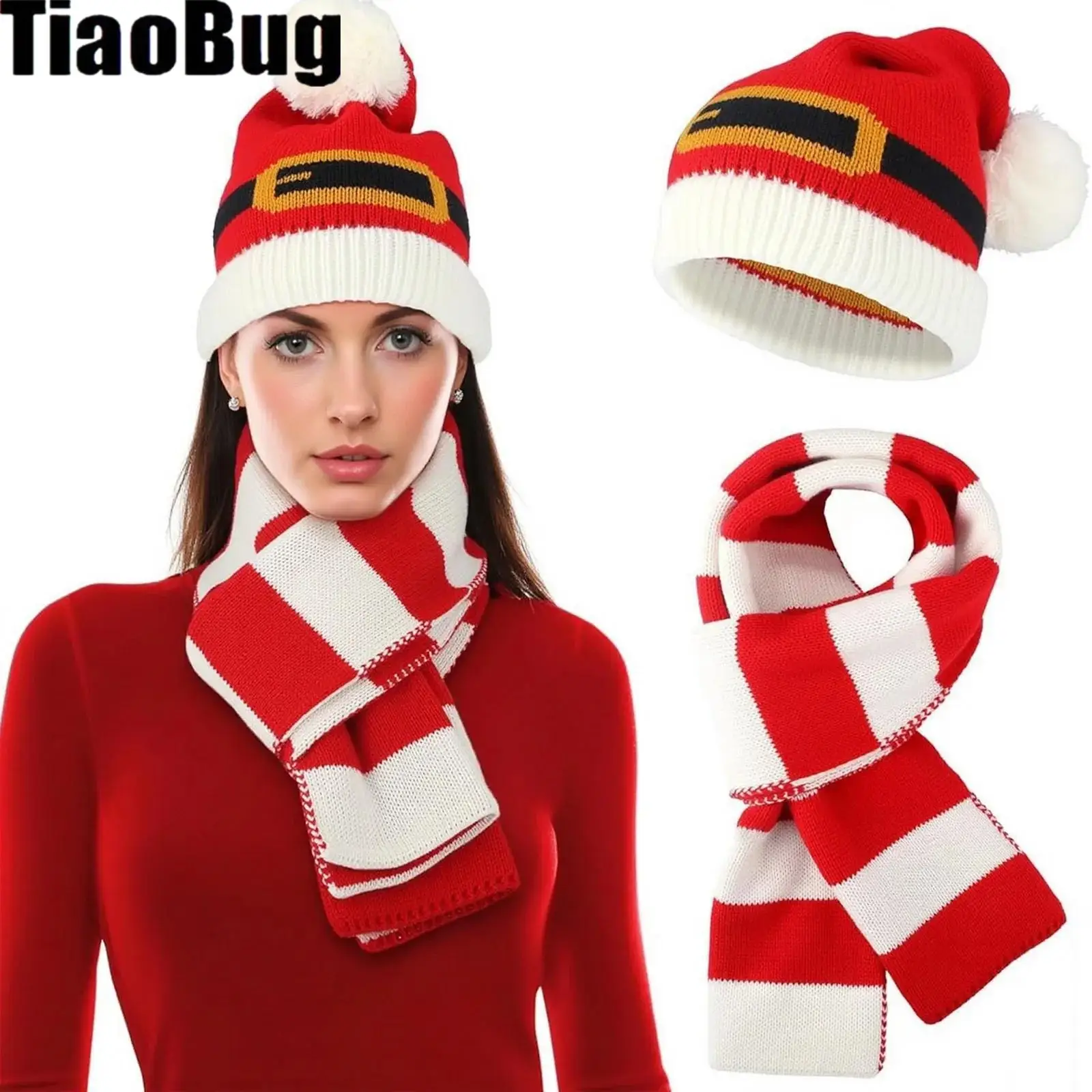 Ensemble chapeau et écharpe tricotés de noël unisexe pour adultes, avec ou sans gants, bonnet chaud, bonnets de noël tricotés à pompon