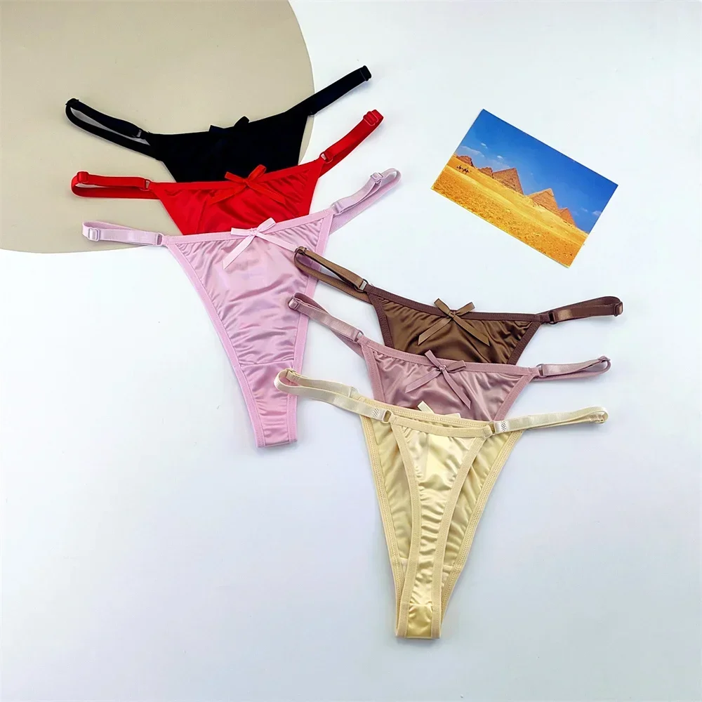 3PCS Adjustable Satin Thong Women Sexy G-string Underwear Low Waist T Back Peach Buttocks Tempting Sexy Bow Lingerie