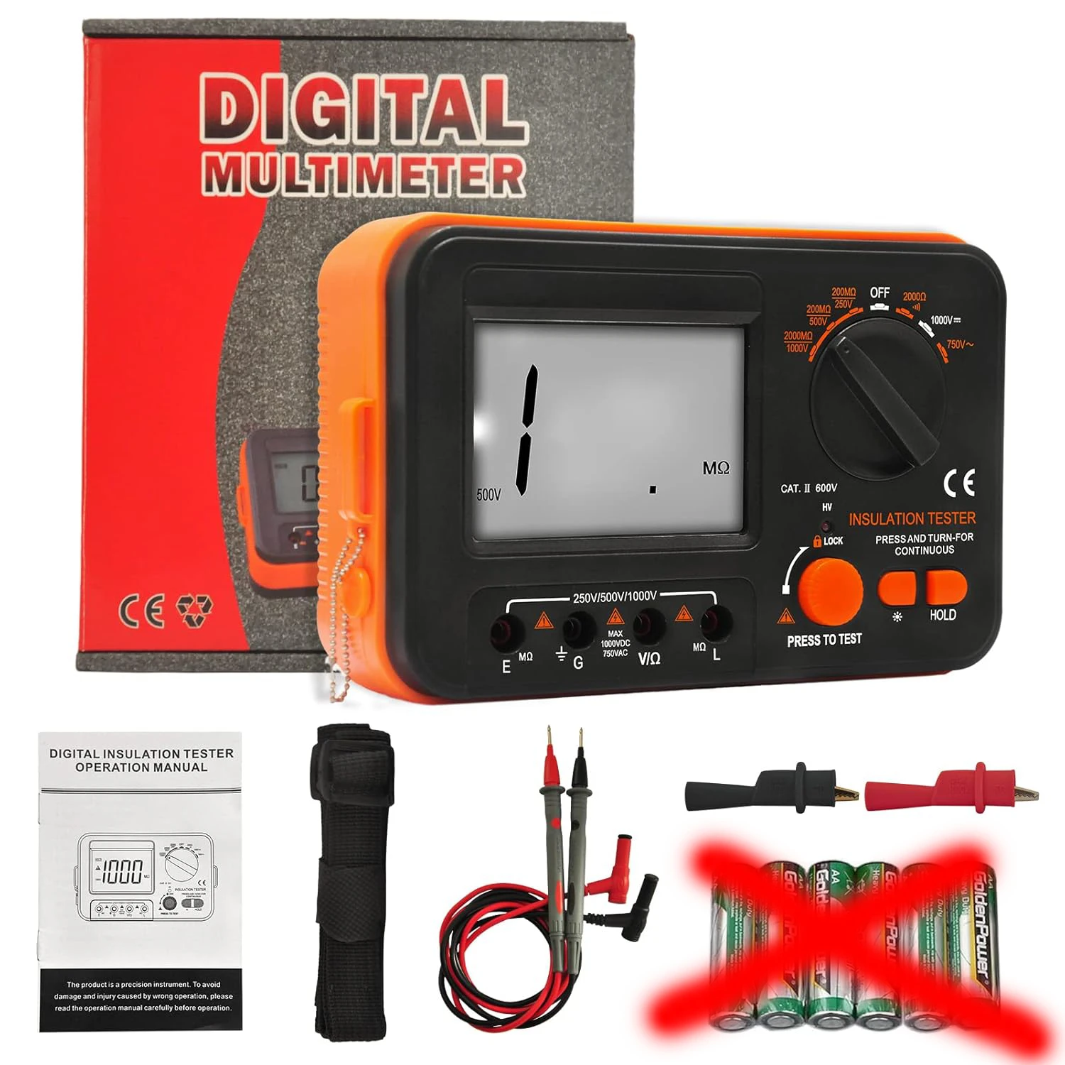 Digitales Megohmmeter 1000 V, Isolationswiderstandstester, Messung 0,1 MΩ ~ 2 GΩ, Testspannung 250 V/500 V/1000 V, DC/AC-Spannung