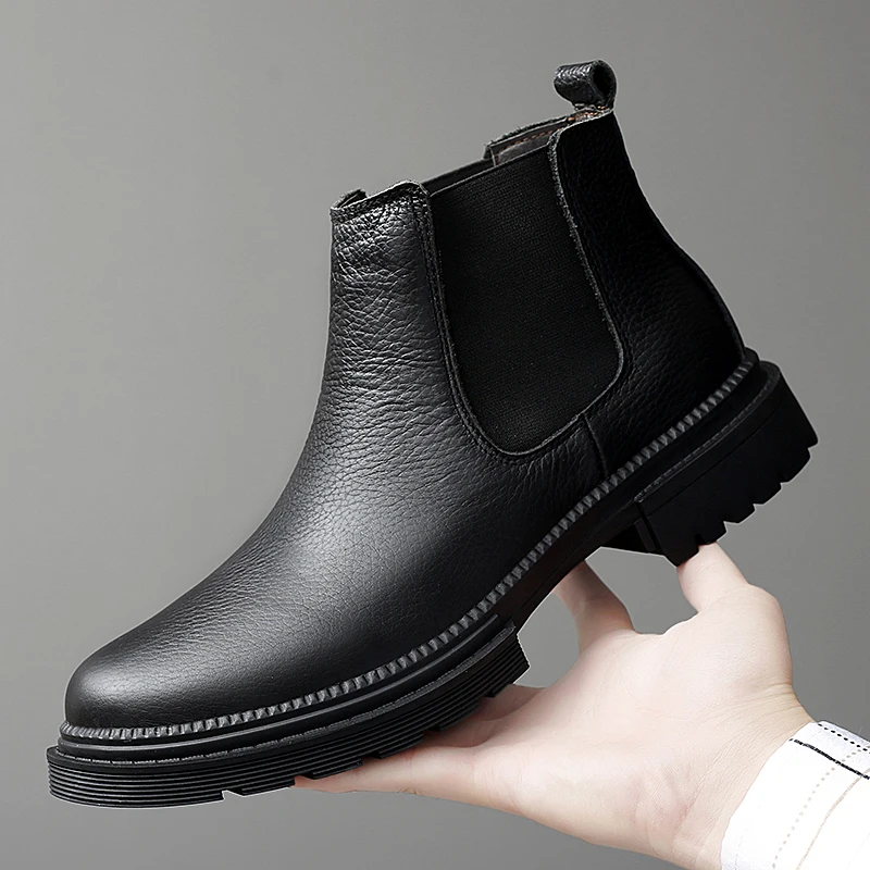

Genuine Top Layer Leather Chelsea Boots Men's High Top No Lace Boot Slip-On Business Style round Toe Rubber Outsole