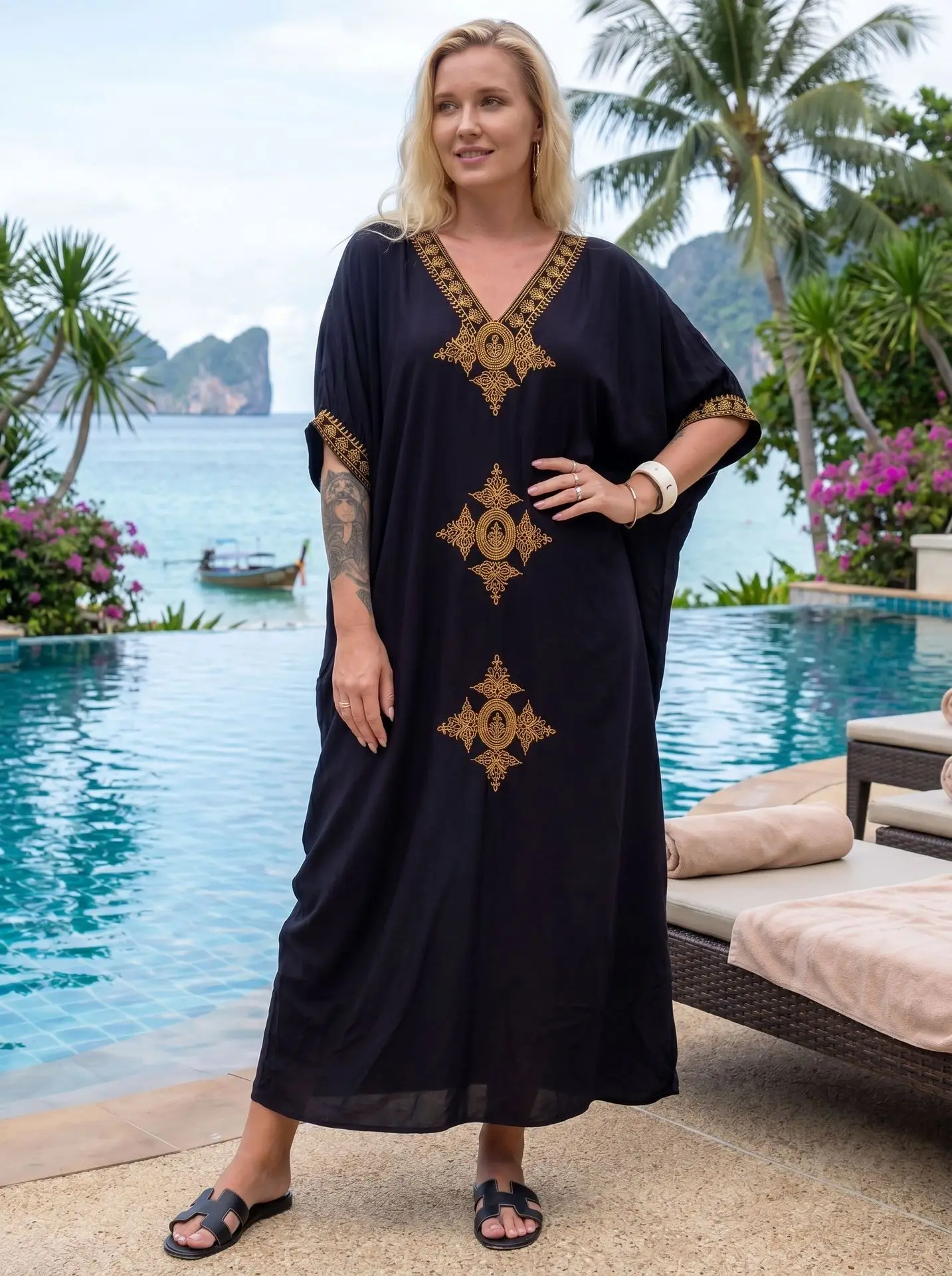 Gold Embroidery Long Kaftan Dresses V Neck Beach Cover Ups Moomoo