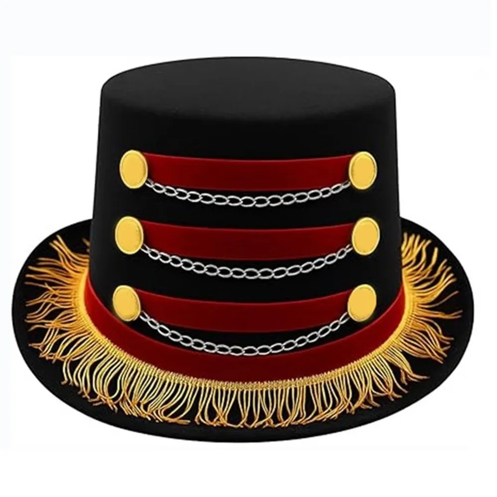 

Adult Ringmaster Top Hat Gold Fringe Rhinestones Chains Circus Coachman Hat with Gold Buttons Red Black Jazz Hat