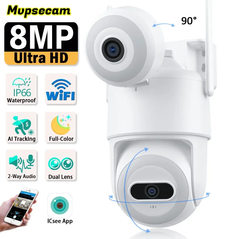 

ICSEE Smart 8MP 4K WiFi Surveillance Camera Outdoor Dual Lens Wireless 360° HD Video Security IP Cameras CCTV Color Night Vision