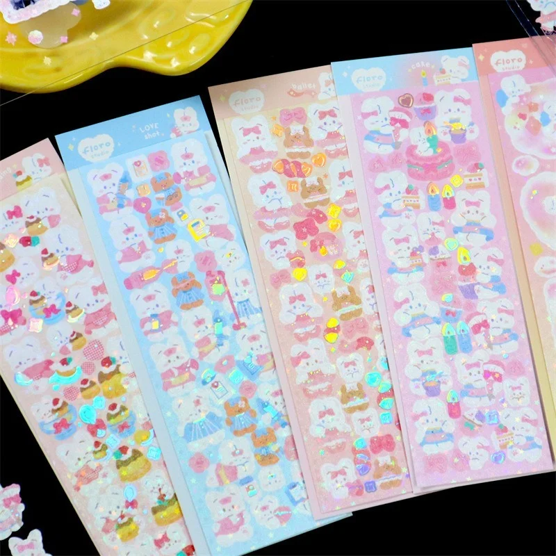 Korean Ins Laser Hot Silver Planner Sticker Cute Rabbit Animal Hand Account Stickers DIY Decorative Material