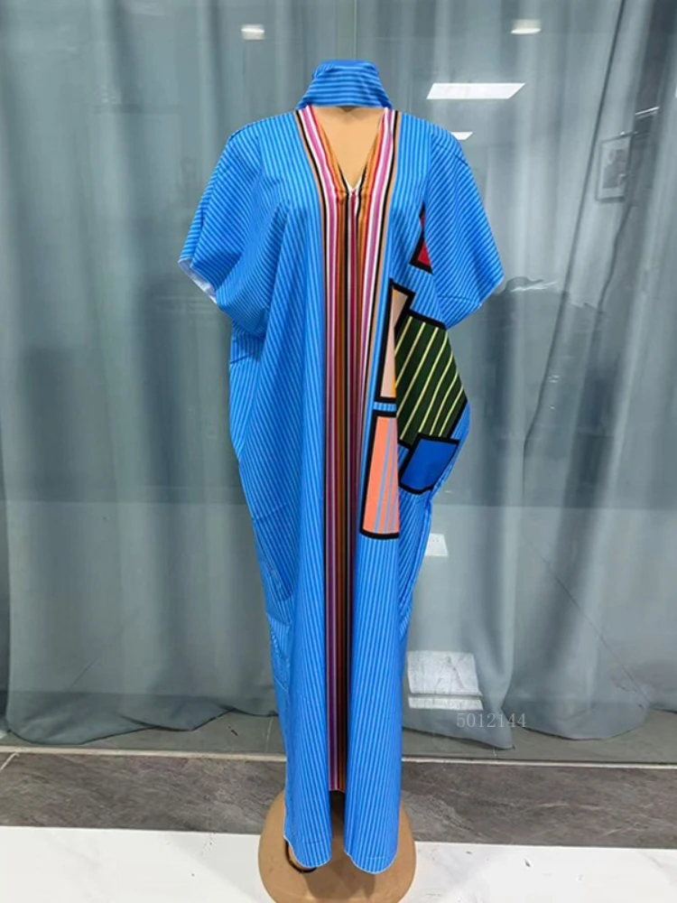 

New Dashiki African Dresses for Women Summer Fashion Short Sleeve V-neck Polyester Plus Size Long Maxi Dress Kaftan Muslim Abaya