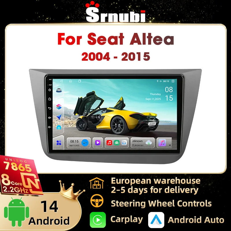Autoradio Srnubi 2 Din pour Seat Altea 2004-2015, Carplay sans fil, Android Auto, navigation GPS, lecteur vidéo multimédia 9 pouces, unité principale stéréo UIS7865, prise en charge SWC, écran QLED 4G WIFI