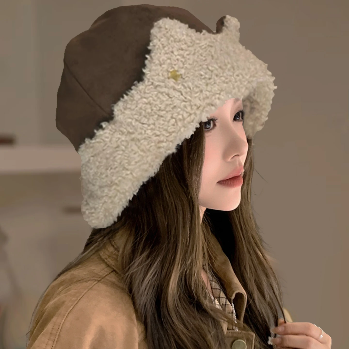 

Зимняя милая плюшевая шапка с кошачьими ушками - женская толстая теплая шапка с закрытыми ушами, утягивающая лицо шапочка с нечеткими воротниками и манжетами