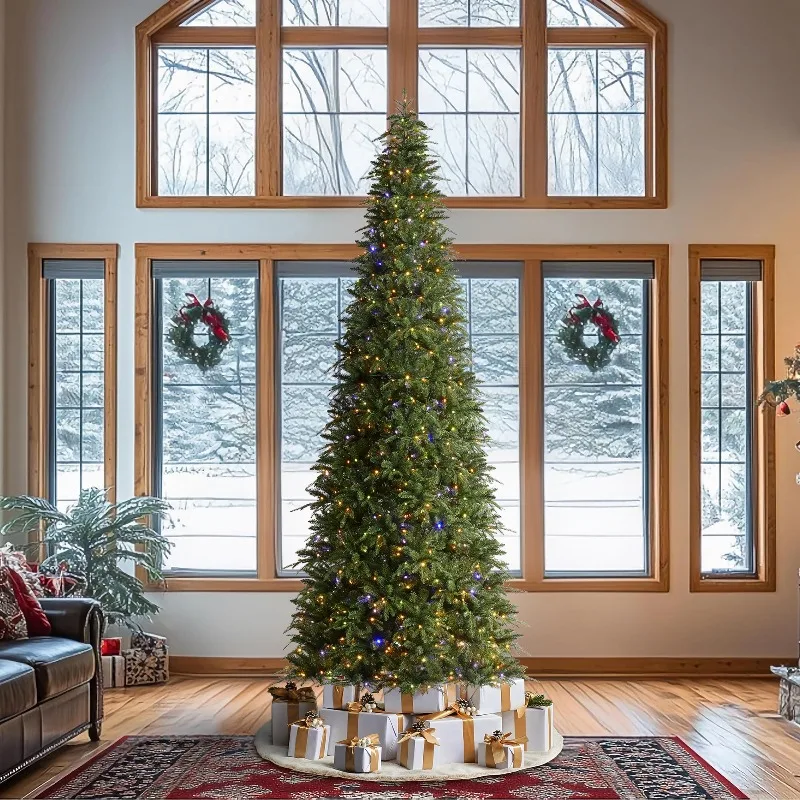 11ft Pre-Lit Christmas Tree,Hinged Slim Artificial Xmas Tree,Radiant Evergreen Fir with 850 Warm White/Multi-Color LED