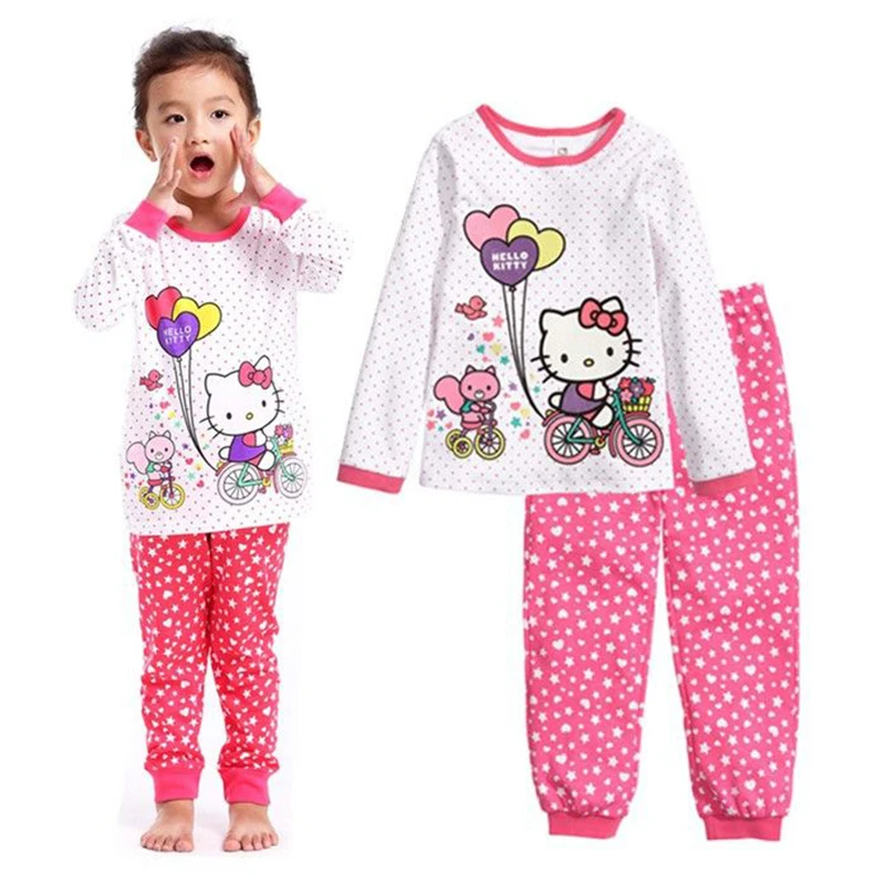 Baby Girls Pajamas Clothes Set Kids Cartoon Hello Kitty Long Sleeve Top+Pants 2pce Outfits Toddler Cotton Home Sleepwear Suits