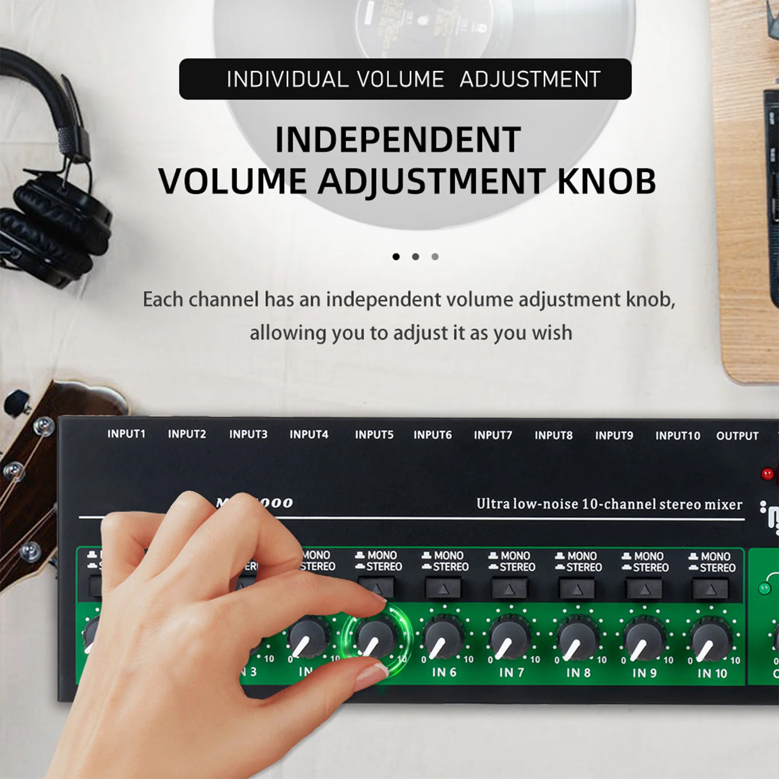 10-Channel Mixer Audio Mixer Stereo Mono Line Mixer 6.35mm TRS/TS Input Metal Shell Type-C Audio Processor