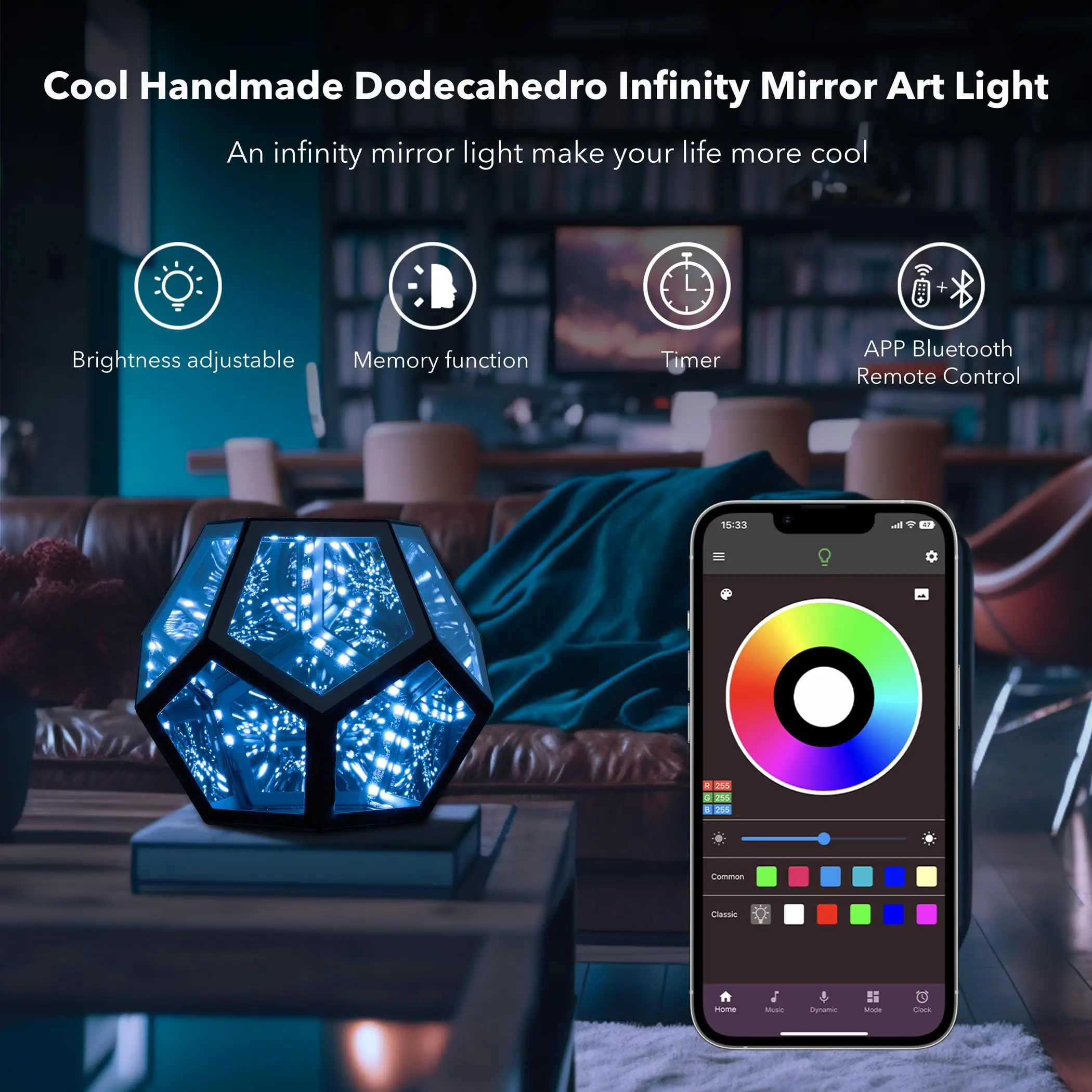 Dreamy Geometric Space LED Night Light with Stand Creative Color  Infinity Dodecahedron Mirror Art Light car interior decoration