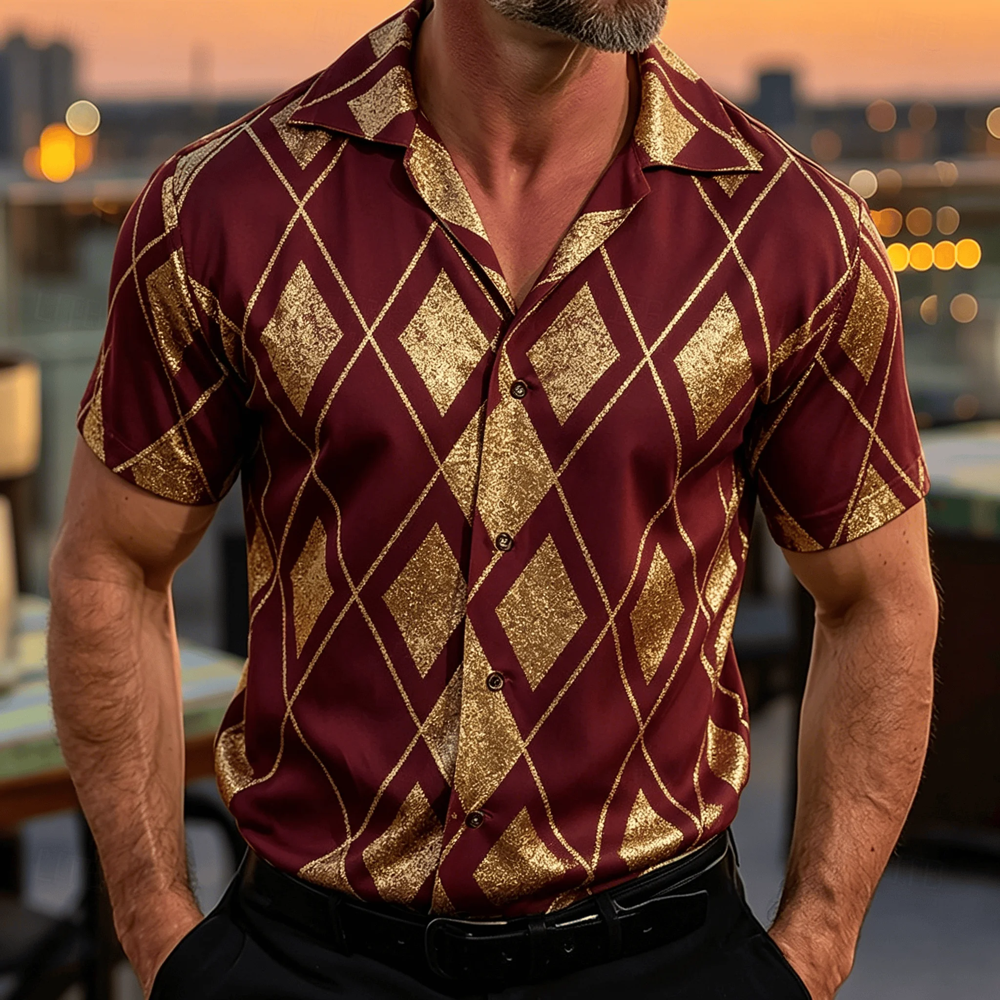 Men's Burgundy Gold Diamond Geometric Print Short Sleeve Camp Collar Shirt Luxury Evening Party Mens Top
