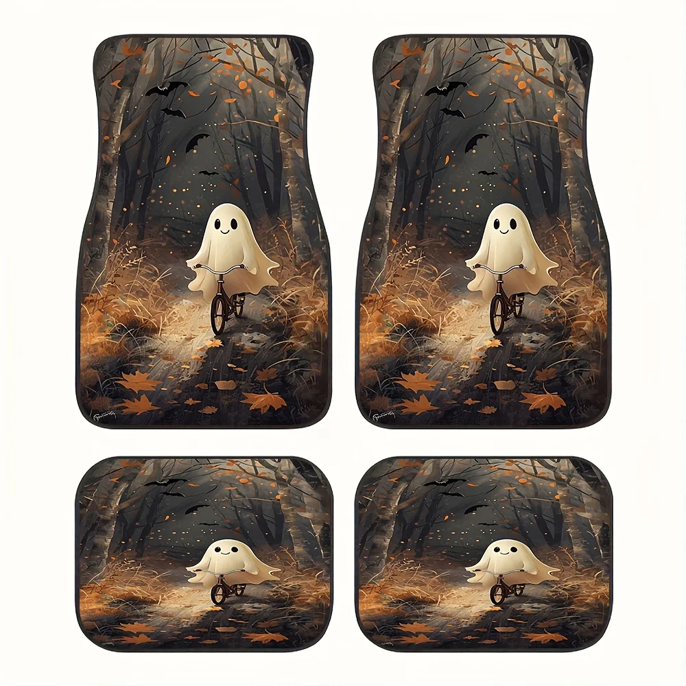 4pcs Car Floor Mats With A Ghost Riding Bicycle Pattern. Exquisitely Designed Car Floor Mats With Personalized Patterns, Suitabl