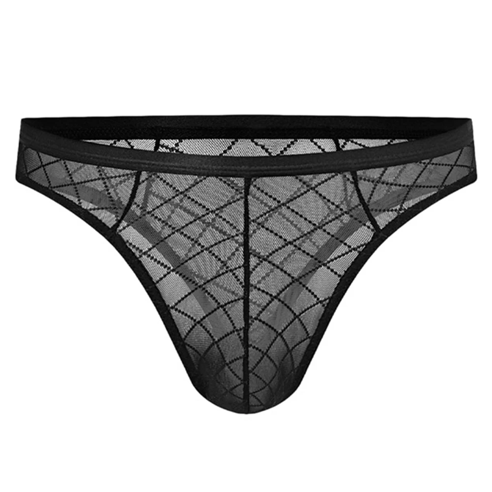 

Mens Breathable Mesh Plaid Underwear Briefs with Mid Rise Bulge Pouch and See Through Fabric for Daily Comfort