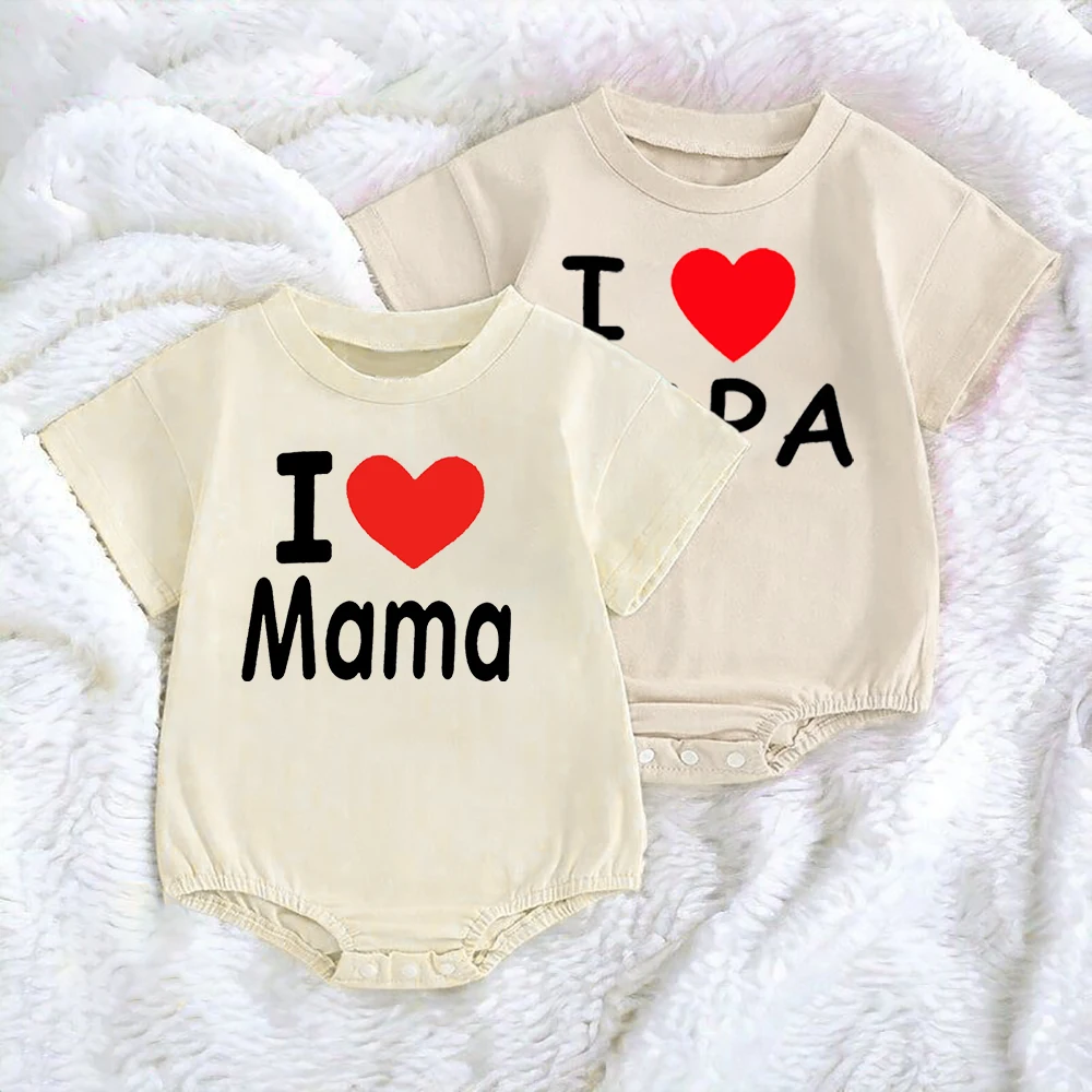 I Love Mama I Love Papa Printed Short Sleeve Bubble Romper Newborn Oversized Bodysuit Baby Short Sleeve Jumpsuit Infant Clothes