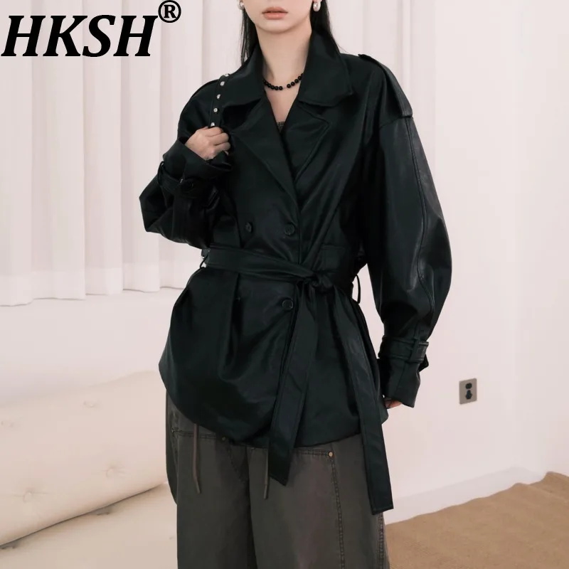 

HKSH Spring Autumn New Women's Jacket PU Leather Turn-down Collar Double Breasted Belt Dark Punk Streetwear Fashion Coat HK13958