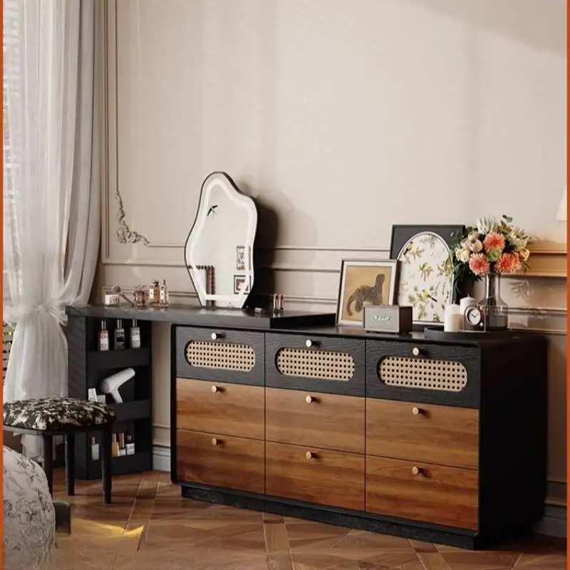

Retro Shelves Vanity Desk Drawers Rattan Organizer Wood Compact Seat Vanity Cabinet Adult Storage Penteadeira Bedroom Furniture