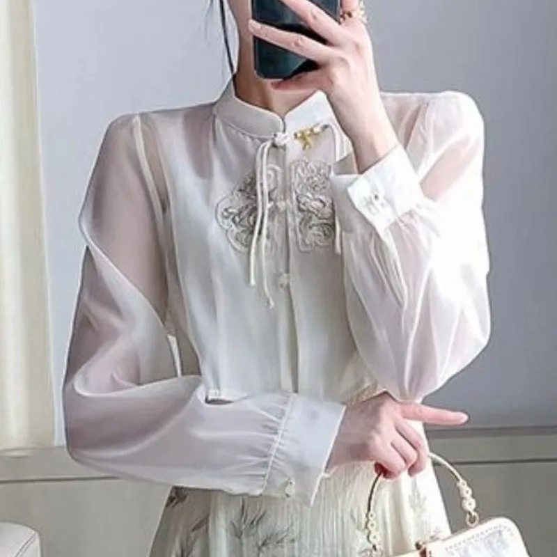 Chinese Style Retro Summer New Shirts Women\'s Patchwork Embroidered Button Stand Collar Loose Short Long Sleeve Chiffon Blouses