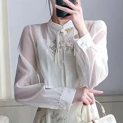 Chinese Style Retro Summer New Shirts Women's Patchwork Embroidered Button Stand Collar Loose Short Long Sleeve Chiffon Blouses