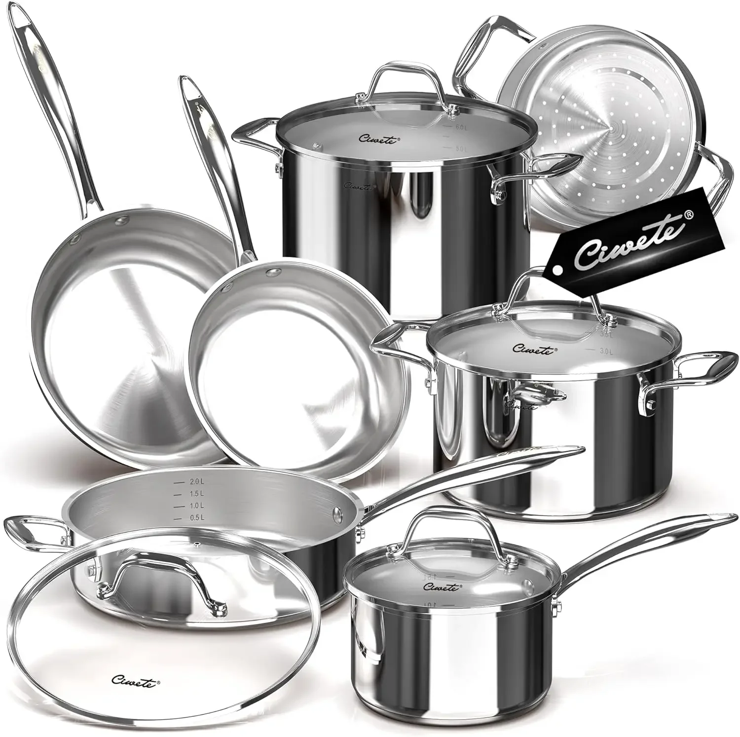 Stainless Steel Pots and Pans Set 11-PC, 18/10 Stainless Steel Induction Cookware Set with Steamer Insert, Kitchen Cookw