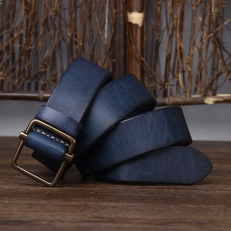 New Men's Non-Perforated Leather Belt, Smooth Buckle, Top Layer of Cowhide, Retro Simple and Versatile Denim Belt