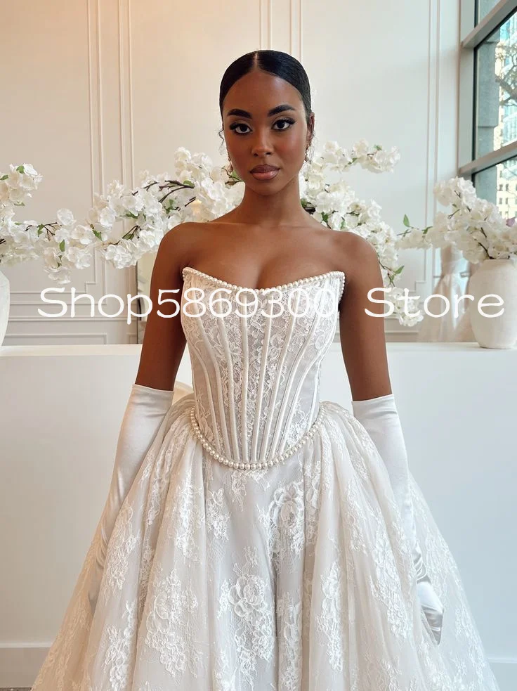 Vestidos de novia de princesa de encaje de dos piezas con tren desmontable perlas sin tirantes vestido de novia de iglesia personalizado prenda