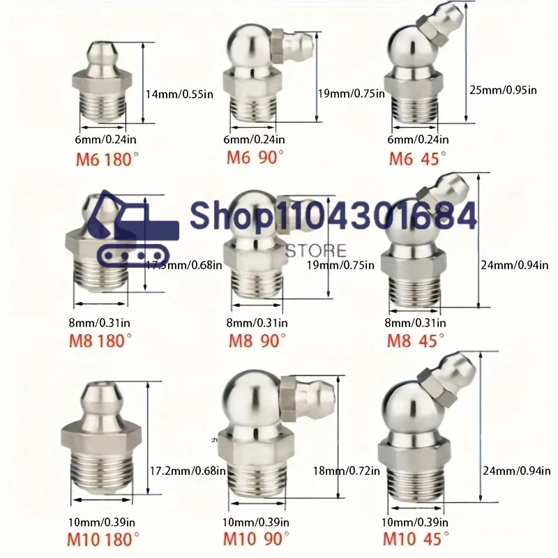 50pcs F0006 Stainless Steel Grease Nipple SS201 SS304 Metric External Thread Straight Elbow Type Grease Nipple for Grease Gun