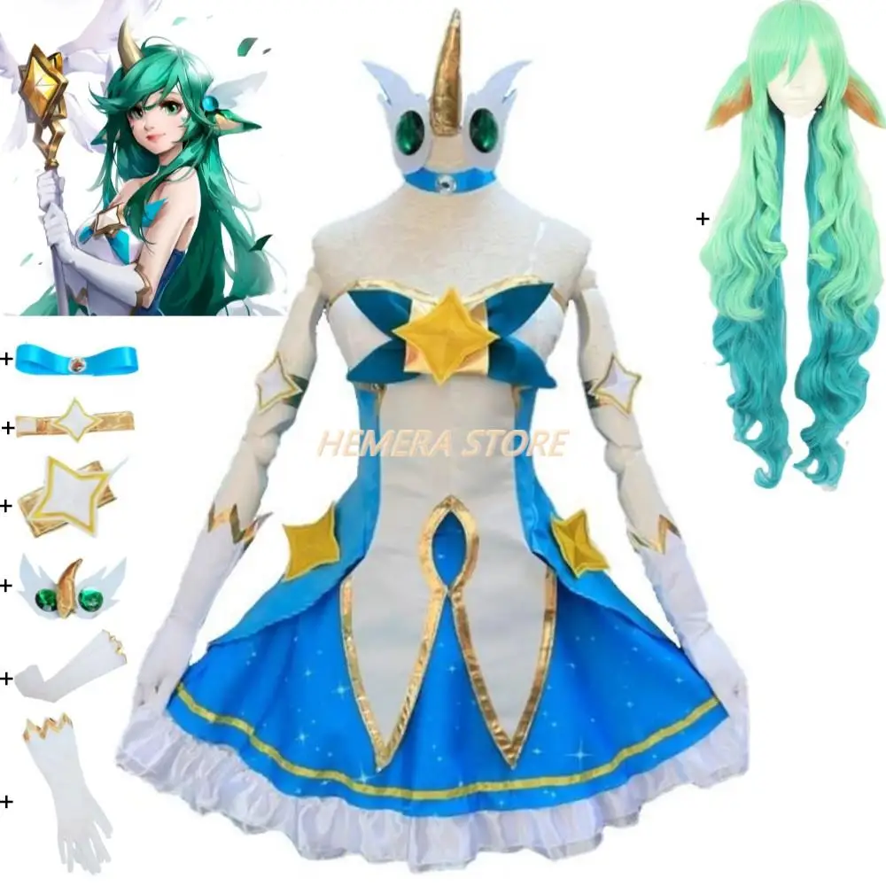 LOL Game Panoramic Star Soraka Cosplay Costume, The Starchild Wig, Ears Horn Anime, Lolita fur s, Sexy Women, Green imbibé, Halloween