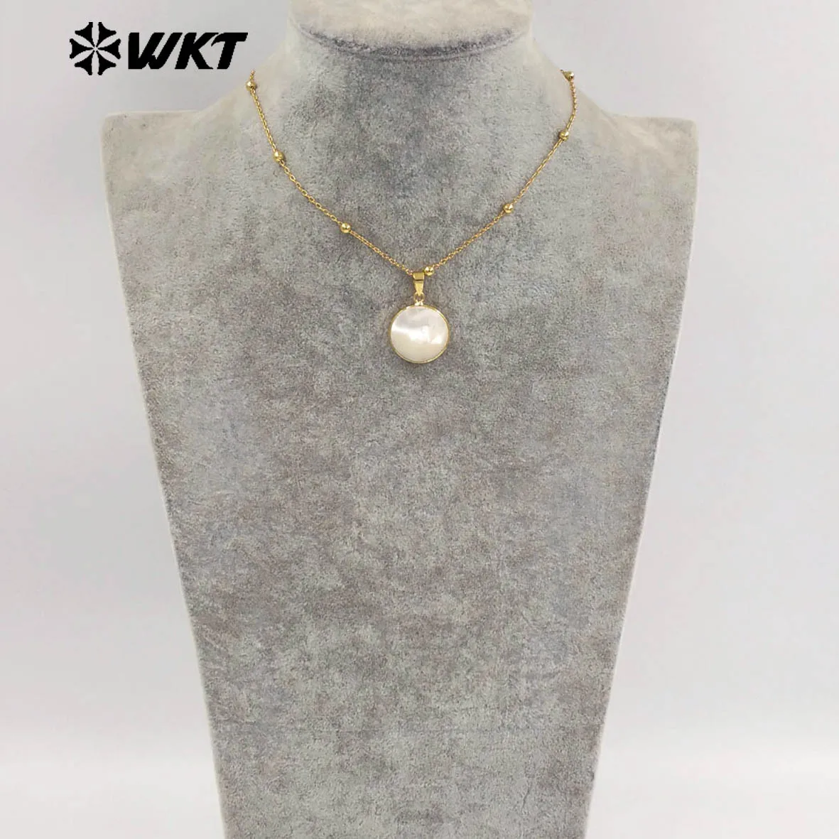 

WT-JN348 Новое поступление, 5 шт., ожерелье круглой формы из натуральной ракушки 18 дюймов с покрытием из настоящего золота 18 карат для девочек, подарки на день рождения