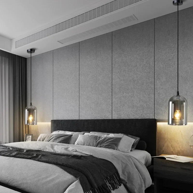 Modern Double-Layer Glass Pendant Light Smoky Gray Dome Hanging Lamp for Kitchen Island Bedroom Dining Room