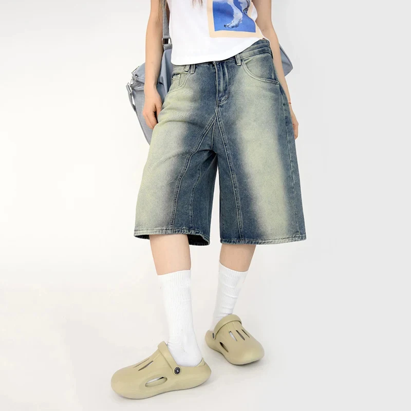 

Retro Blue Baggy Jean Shorts Womens Wide Leg Pants High Waist Casual Knee Length Oversized Jorts Barrel Jeans Denim Shorts