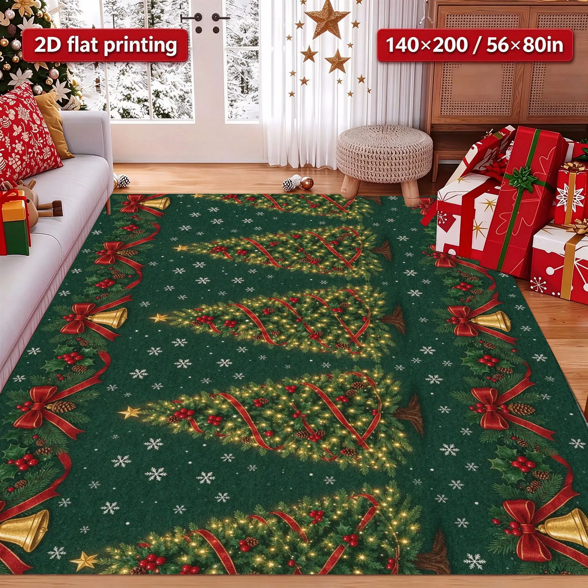 2D Flat Christmas Tree Area Rug, Dark Green Background Bow Bell Snowflake Holly Print, Floor Decor for Living Room Bedroom