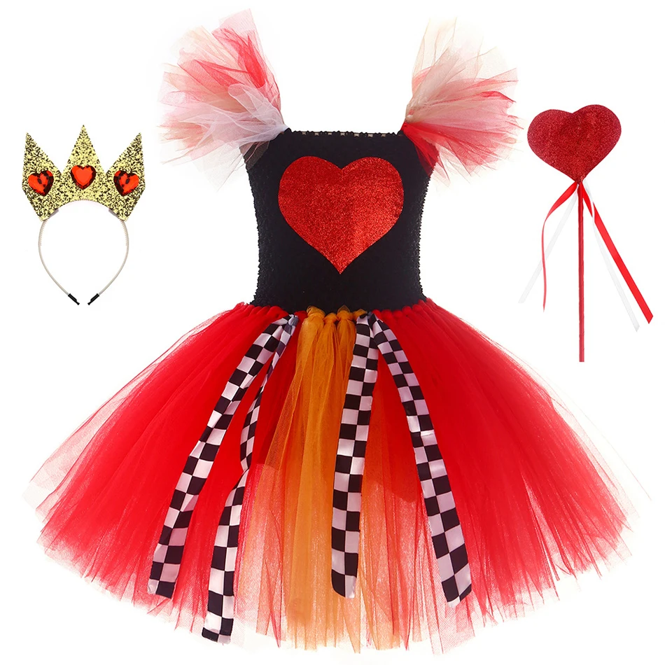 Glitter Red Queen of Hearts Costume for Girls Halloween Carnival Party Clothes Alice in the Wonderland Cosplay Kids Fancy Tutu