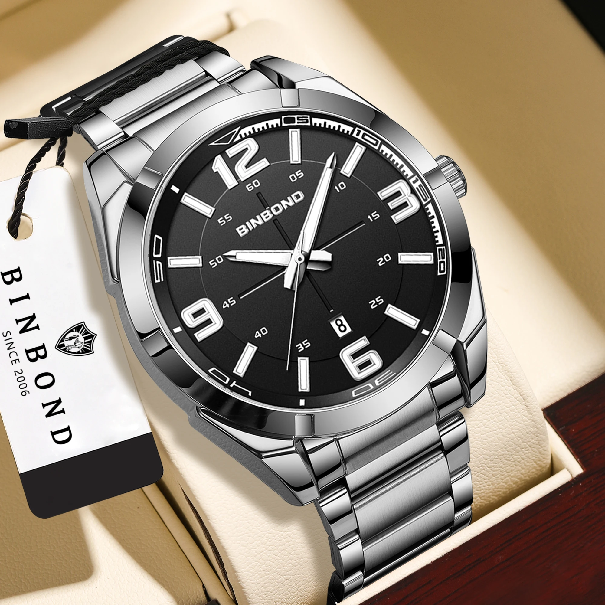 BINBOND Men Quartz Watch Large Number Clear Dial Stainless Steel Strap Fashion Business Trendy Male Wristwatch 3ATM Waterproof