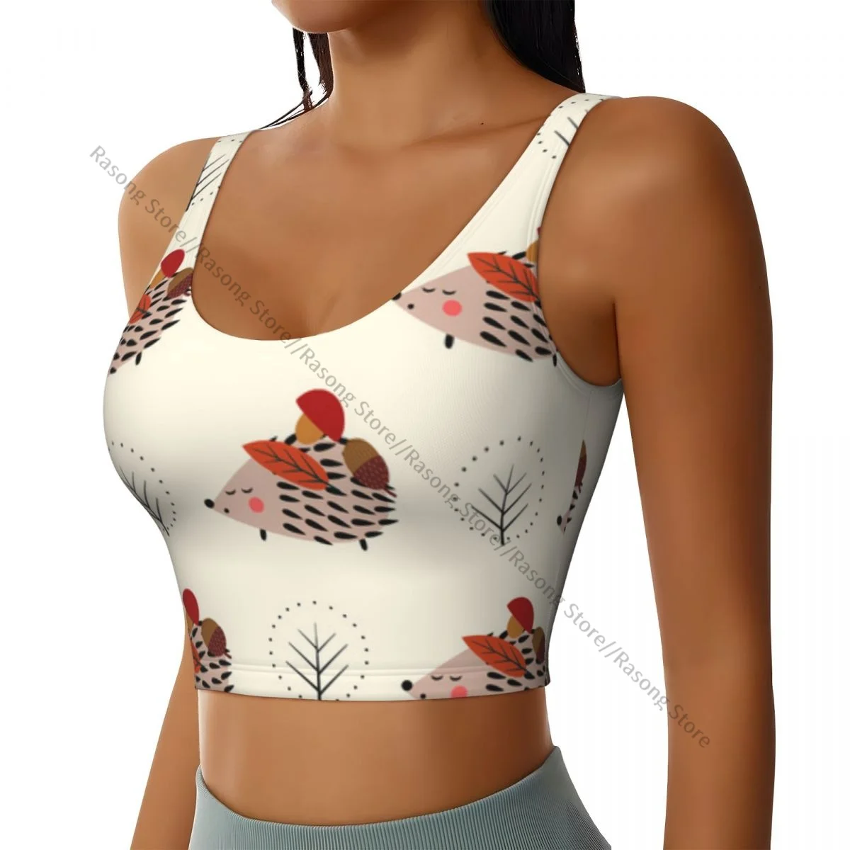 Sports Bra Women Running Yoga Clothes Vest Cute Hedgehog With Mushroom Acorn And Tree Pattern Gathering Fitness Vest