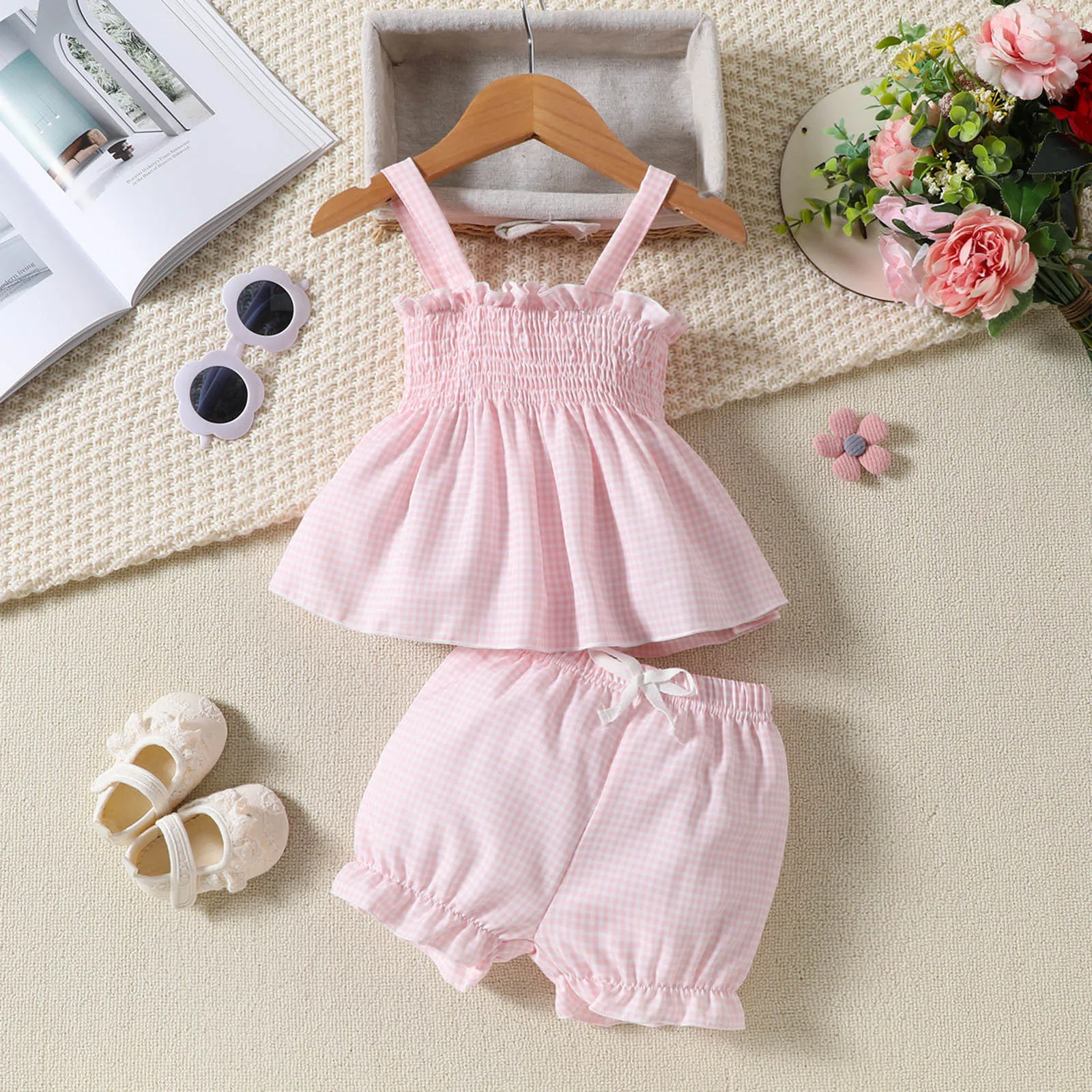 Infant Baby Girls Sleeveless Clothes Sets Solid Color Ruffles Vest Tops Shorts Summer Short Sets Two Outfits Baby Clothing 0-3Y