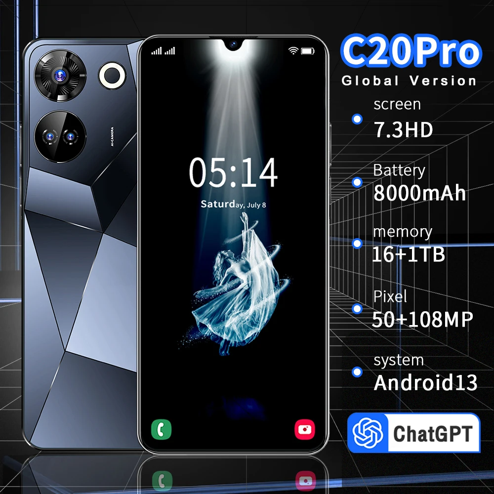 2025 Original Global Version C20 Pro Smartphone 5G 7.3 inch HD Screen Snapdragon 8 gen2 Android Cell Phone Unlocked Celular