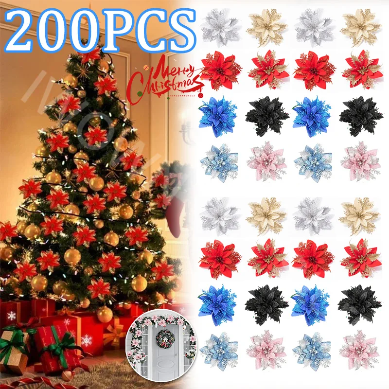 

200PCS Christmas Artifical Flowers Glitter Sequin Fake Flower Xmas Tree Ornament 2025 Happy Navidad New Year Party Home Decorat