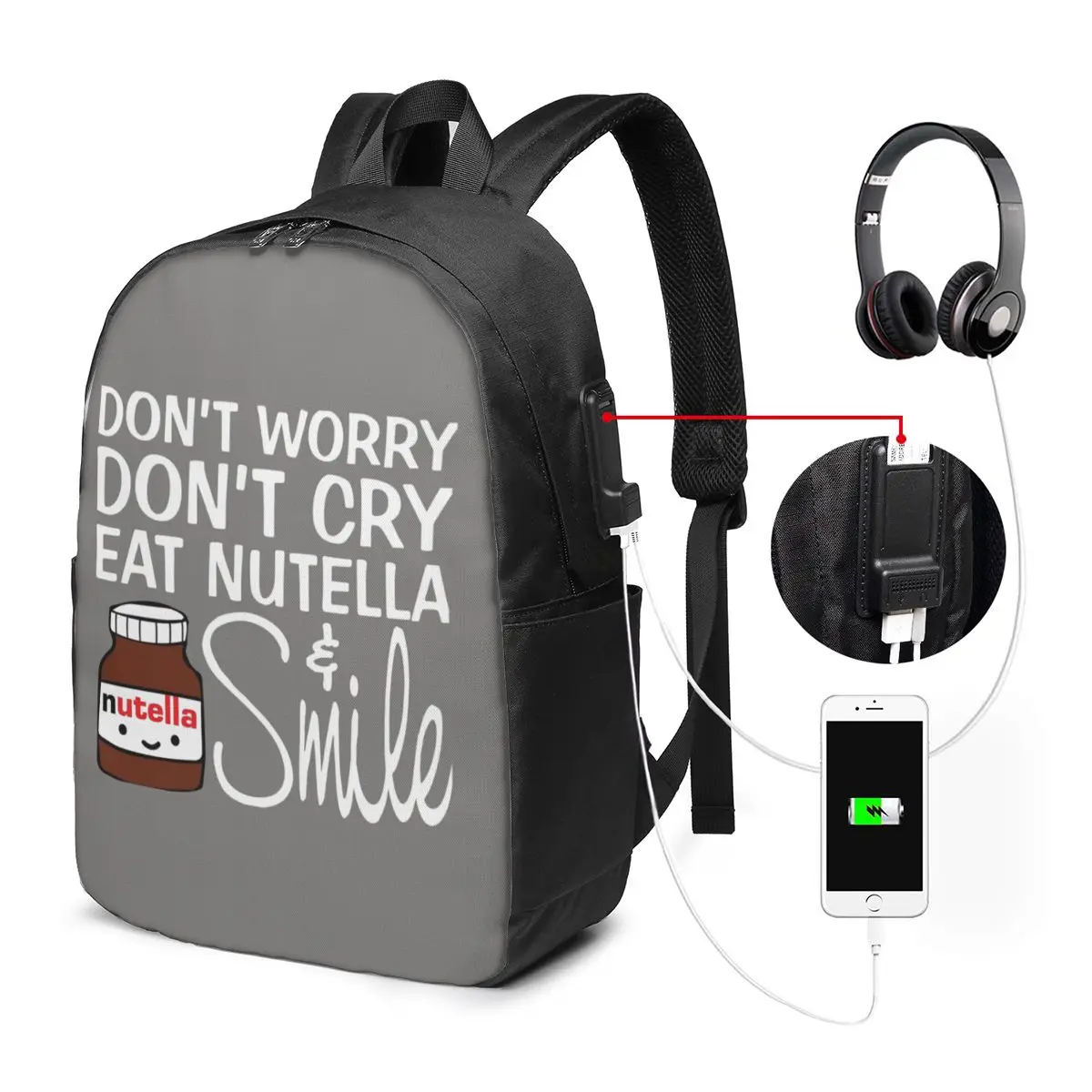 

Don't Worry Don't Cry Eat Nutella And Smile Backpack Travel Notebook Bag Computer College Student School Bag Laptop