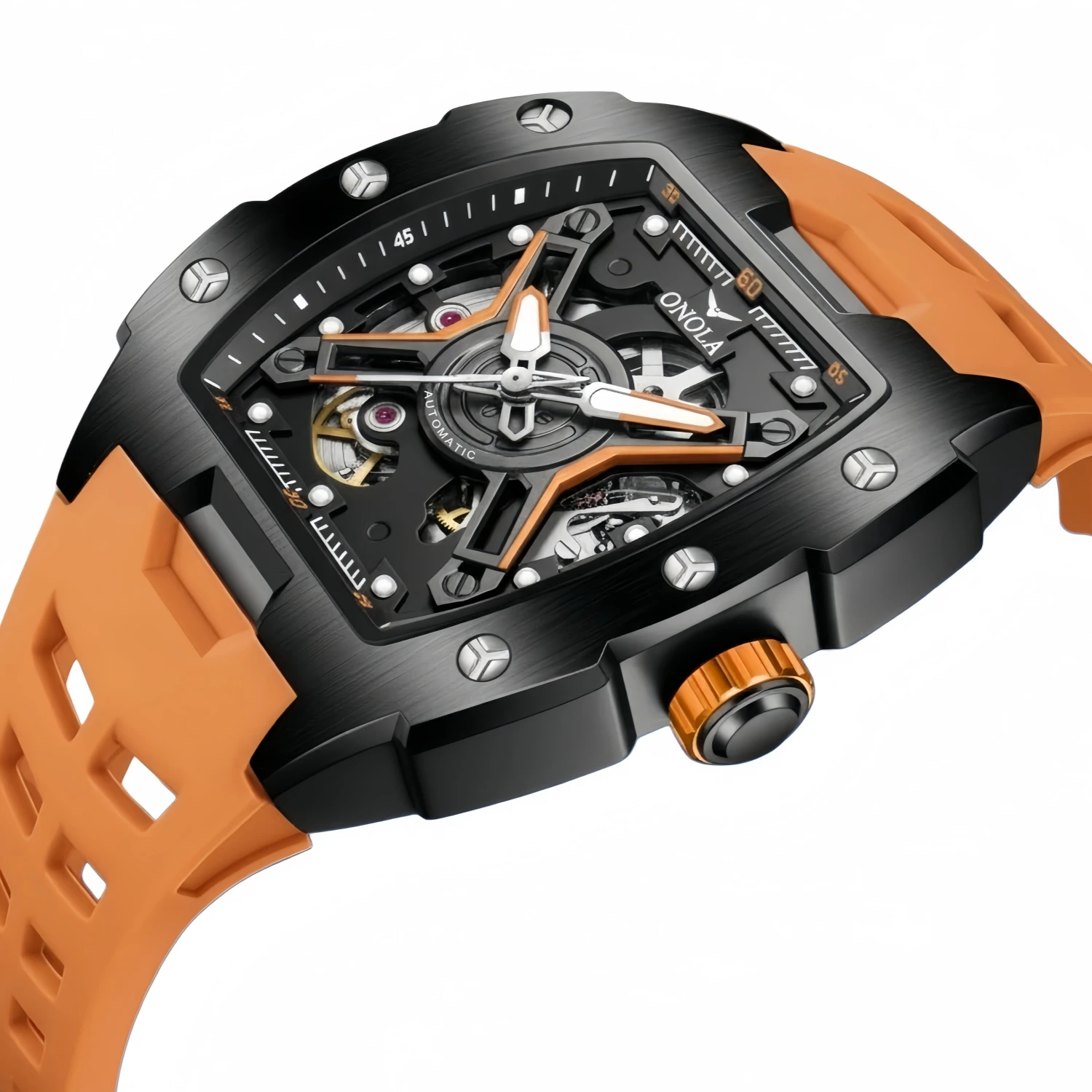 

Fashion hollowed out wine barrel popular ONOLA fully automatic mechanical men's silicone tape waterproof watch for men