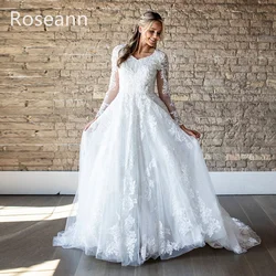 Customized Muslim Exquisite A-line Wedding Dresses Ivory Applique V-Neck Lace Flowers Tulle Full Bride Dresses robe de mariée