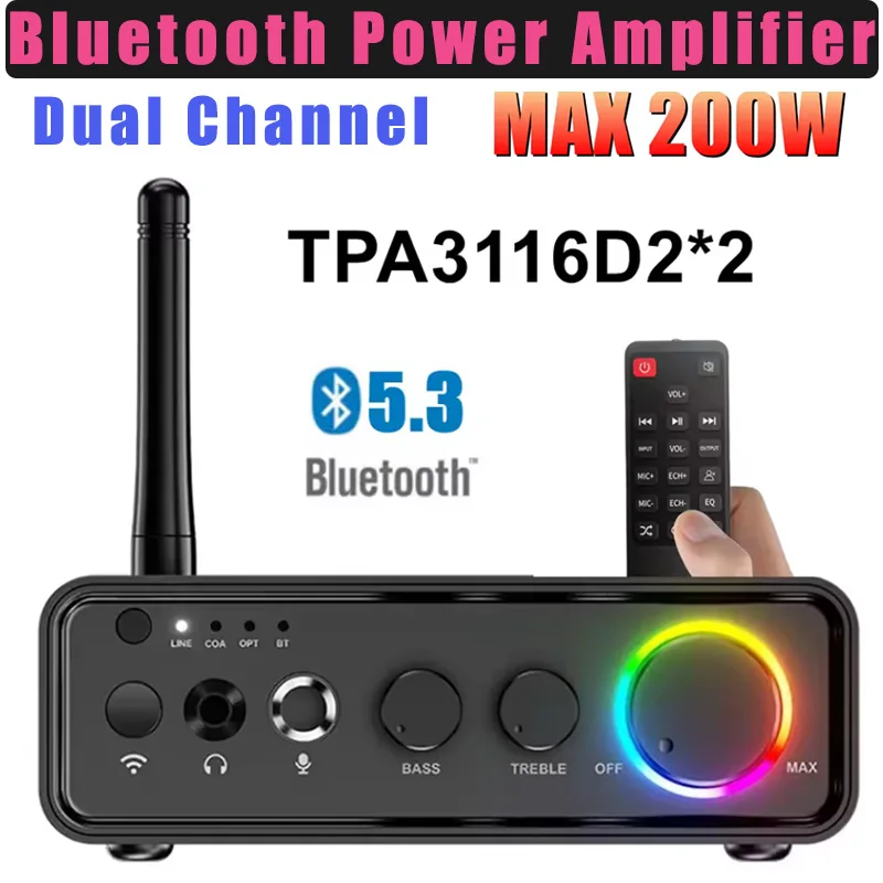 

Digital Power Amplifier Board 2x100W Dual Channel Subwoofer AUX 12V 24V Audio Stereo Bluetooth 5.3 Bass Amplifier with RGB Light