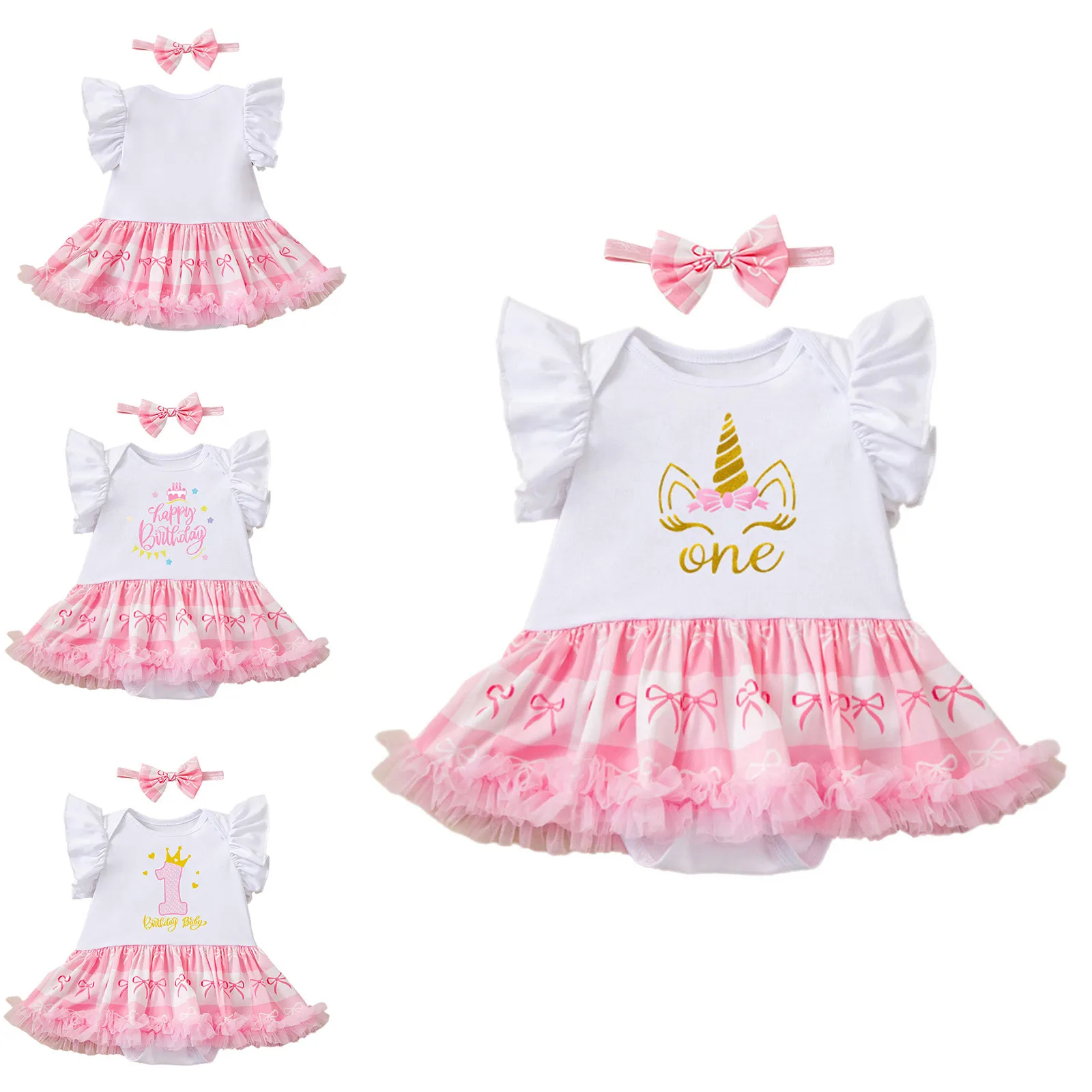 

Infant Baby Girls 1st Birthday Party Outfits Ruffle Sleeves Letter Printed Dress with Headband Cake Smash Photoshoots Clothes