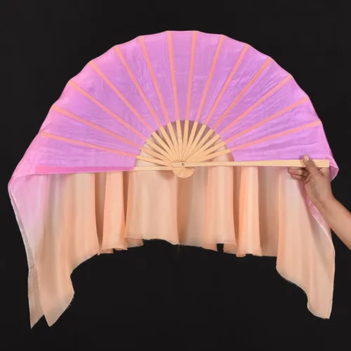 Imagen 2 del producto Velo de seda ligero, Color degradado púrpura, rosa, naranja, un par, abanico de baile de bambú 100% seda, serie Dream, Yangko de doble cara, 86cm
