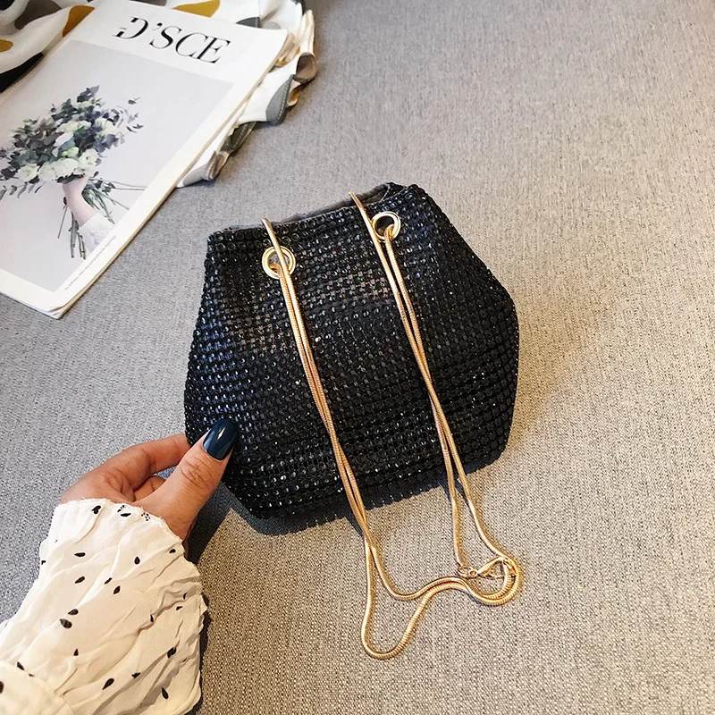 Ladies Rhinestone Bucket Shape Crossbody Bags Evening Party Clutches Storage Totes Shining Shoulder Bag Chain Handbag